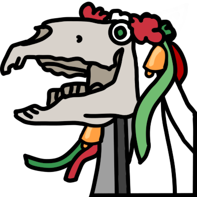 A Mari Lwyd facing the right. She's a horse skull propped on a grey metal pole, a white sheet covering her back. She's wearing a wreath of red and white flowers, with red and green ribbons hanging from it. There are also two dangling bells.